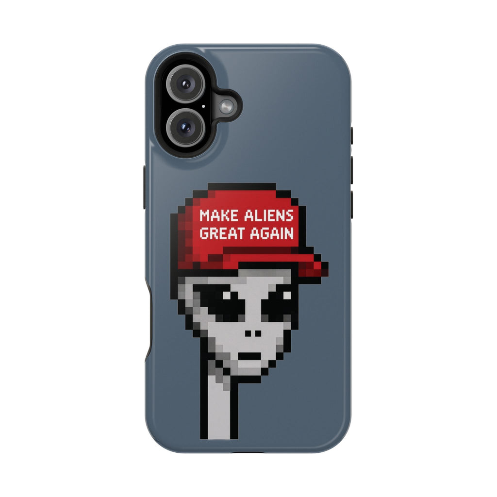 MAGA phone case – close-up of pixel-art alien detail