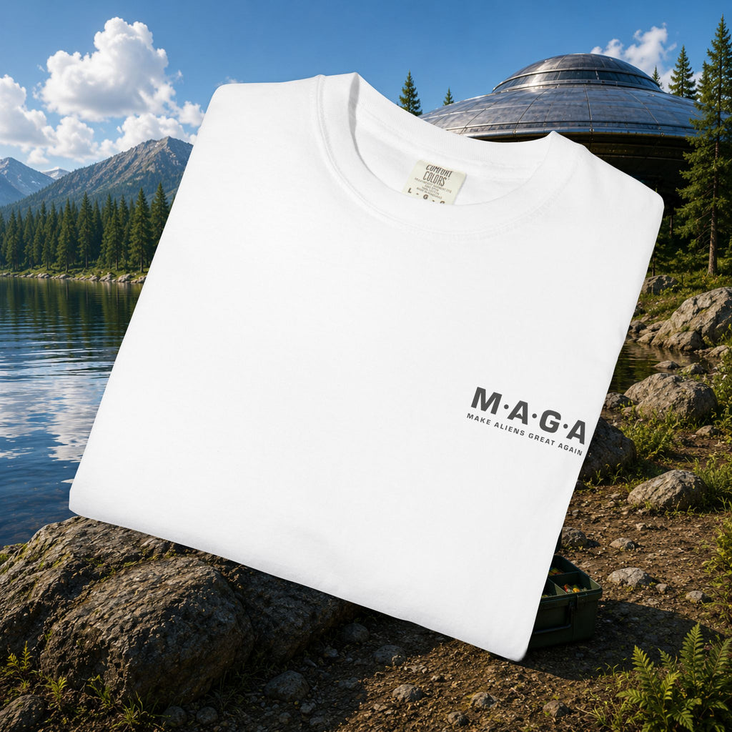 The MAGA Shirt in White — folded flat lay showing M·A·G·A left chest design and Make Aliens Great Again text
