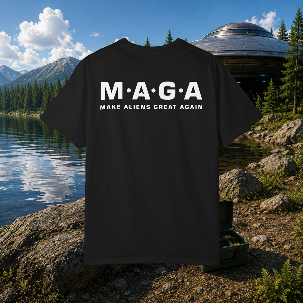 The MAGA Shirt in Sage — back view showing large M·A·G·A print with MAKE ALIENS GREAT AGAIN text across the back