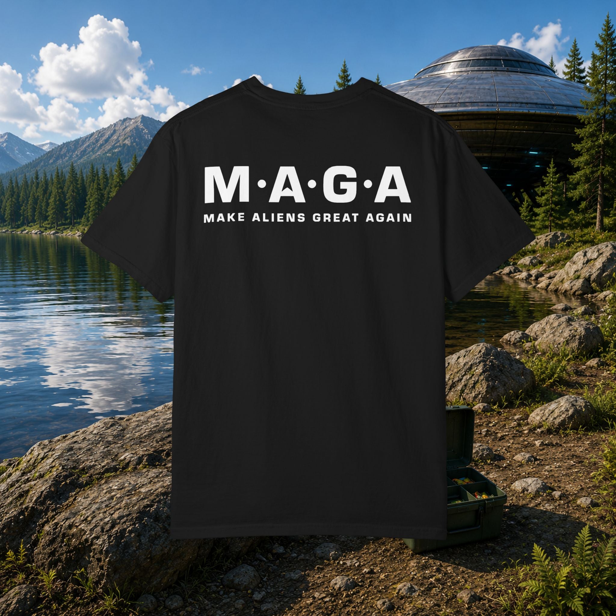 The MAGA Shirt in Sage — back view showing large M·A·G·A print with MAKE ALIENS GREAT AGAIN text across the back