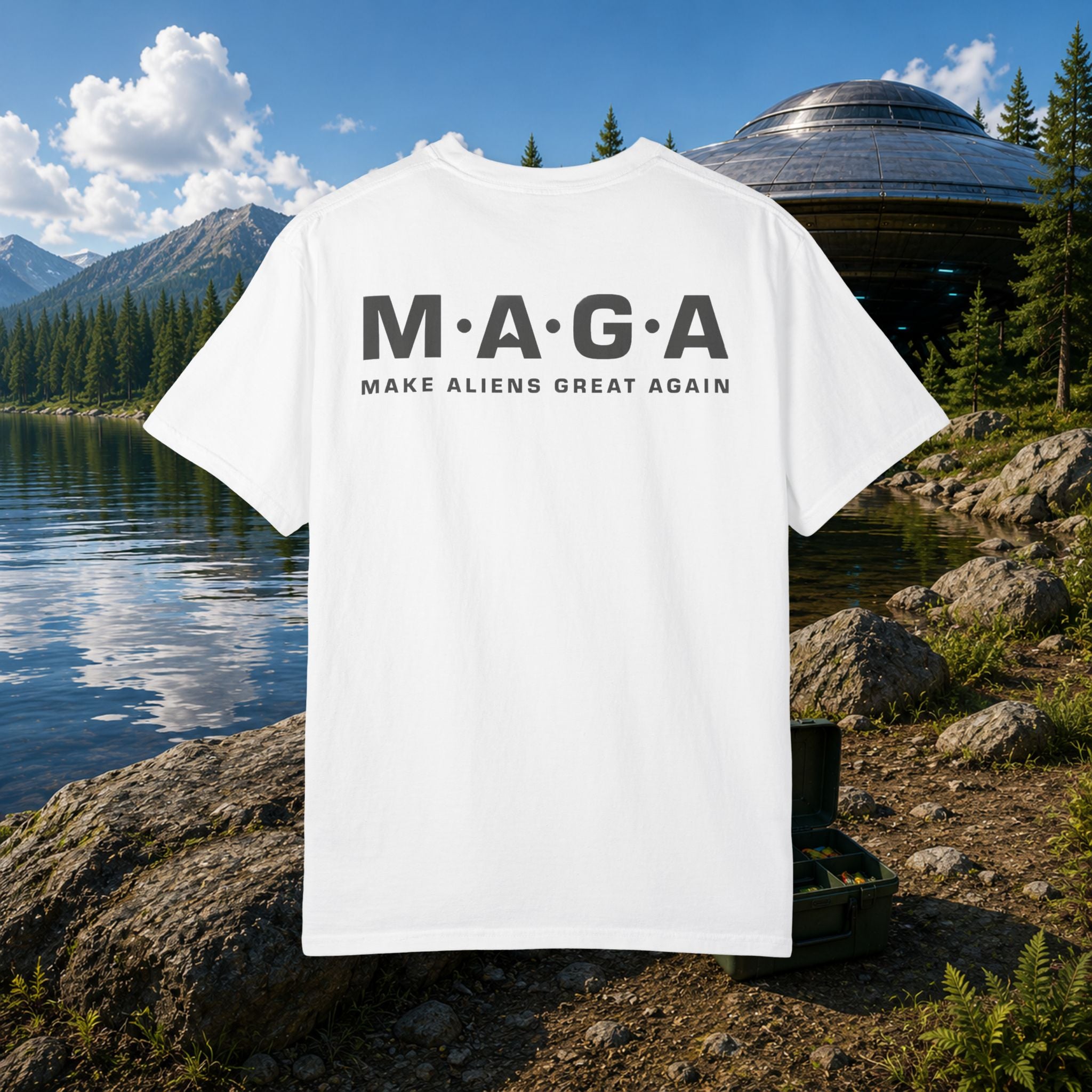The MAGA Shirt in White — back view showing M·A·G·A and MAKE ALIENS GREAT AGAIN print in dark ink