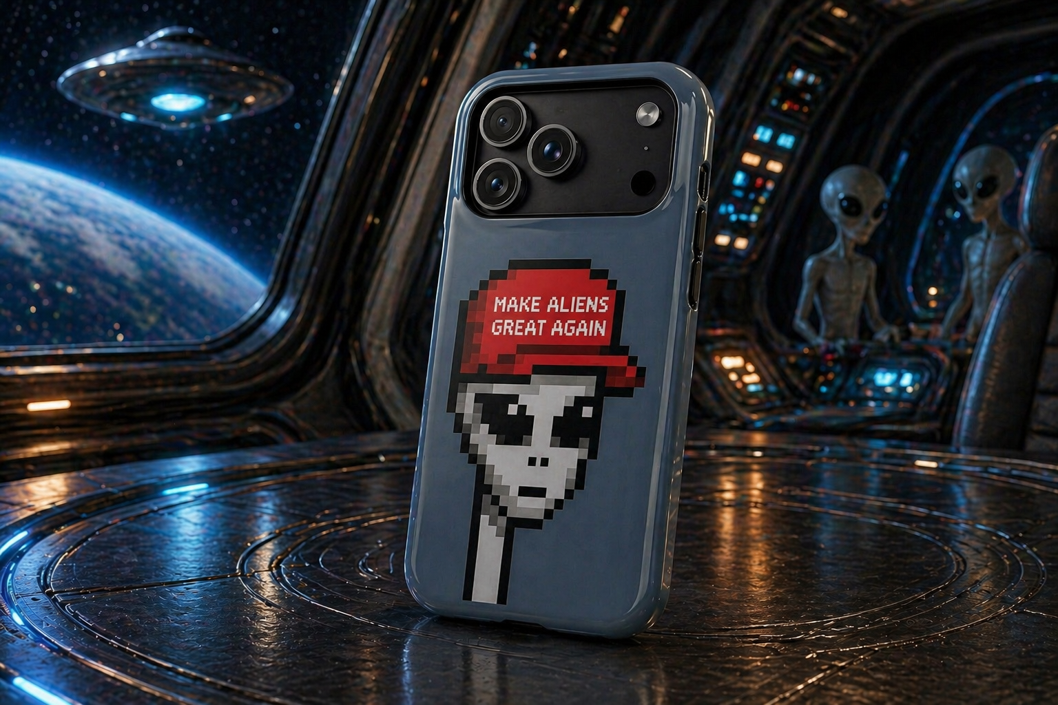 MAGA phone case – retro pixel-art alien design, front view