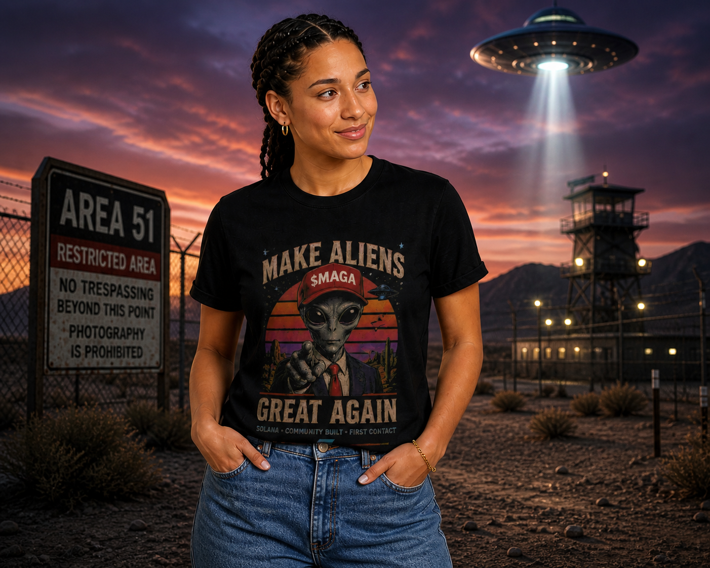 Hero Shirt – back view showing vintage sunset alien scene