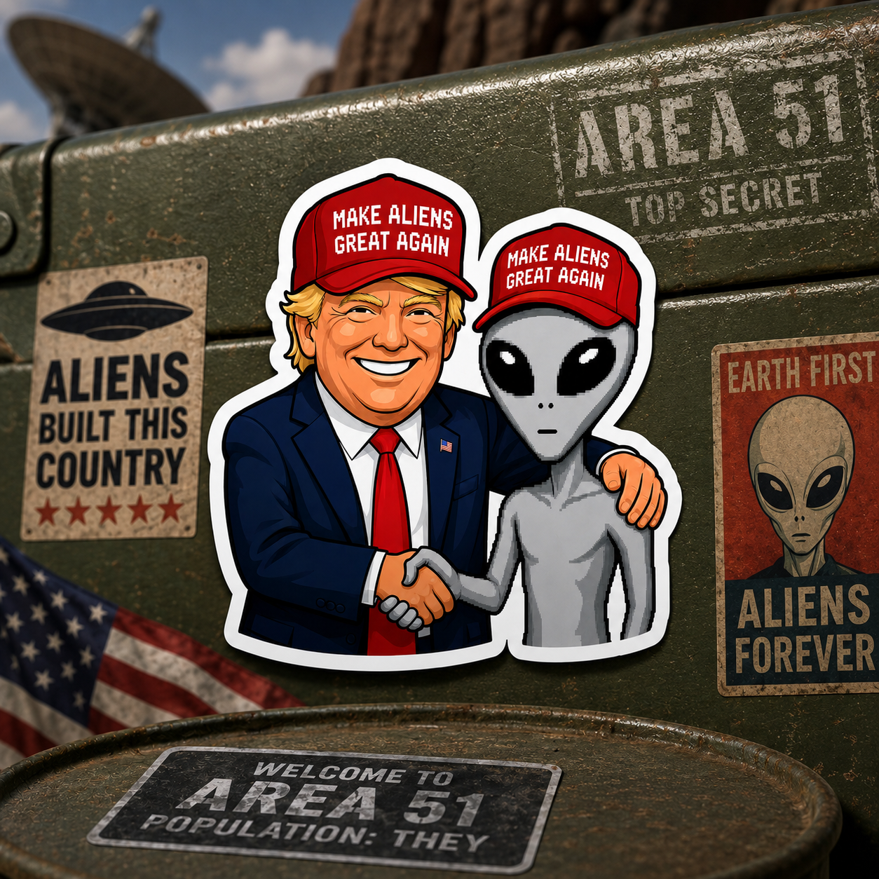 The Sticker Packs — Trump design, alien handshake kiss-cut vinyl sticker on white background