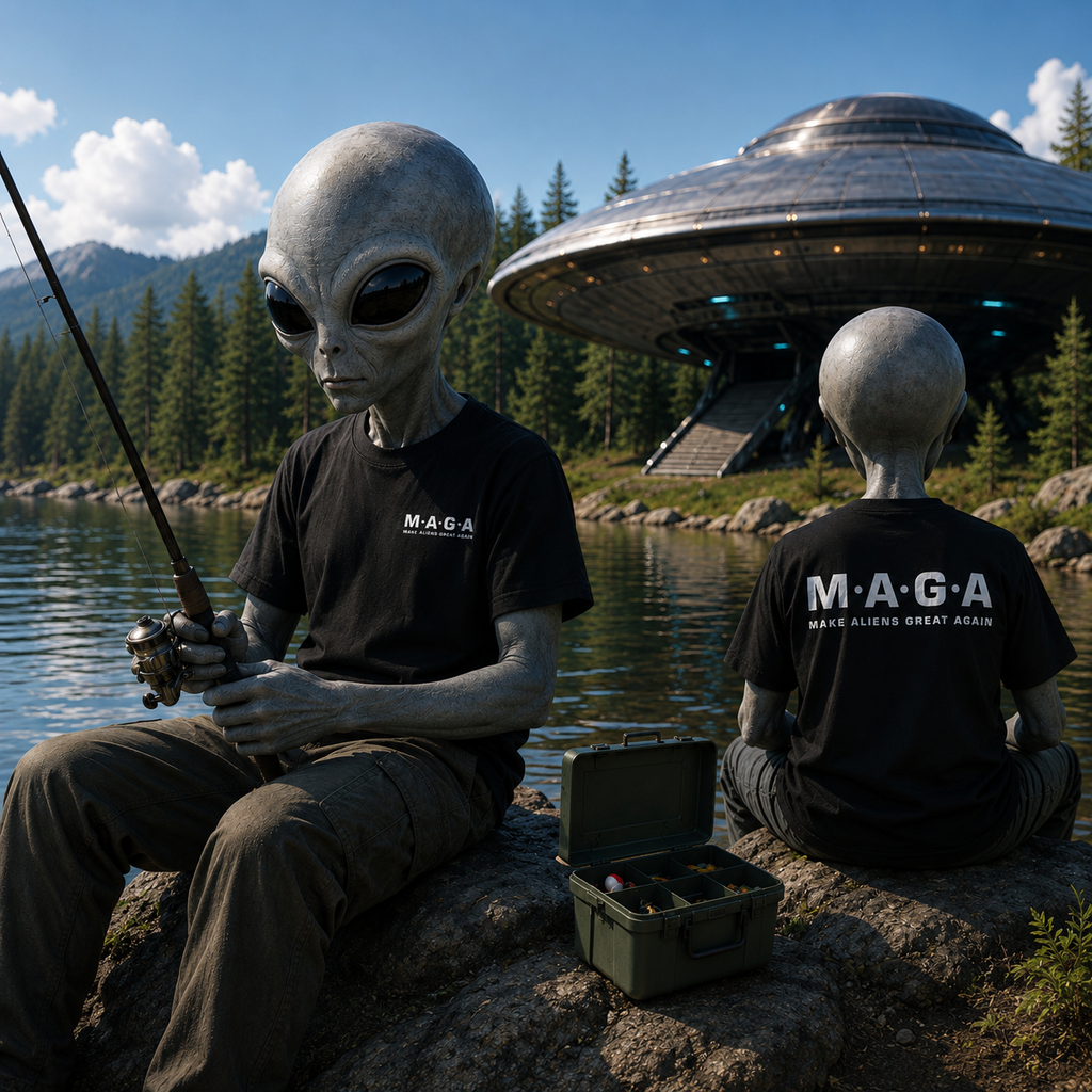 The MAGA Shirt — alien lifestyle scene: two CGI aliens fishing by a mountain lake wearing black M·A·G·A tees, with a flying saucer landing pad in the background