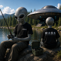 The MAGA Shirt — alien lifestyle scene: two CGI aliens fishing by a mountain lake wearing black M·A·G·A tees, with a flying saucer landing pad in the background