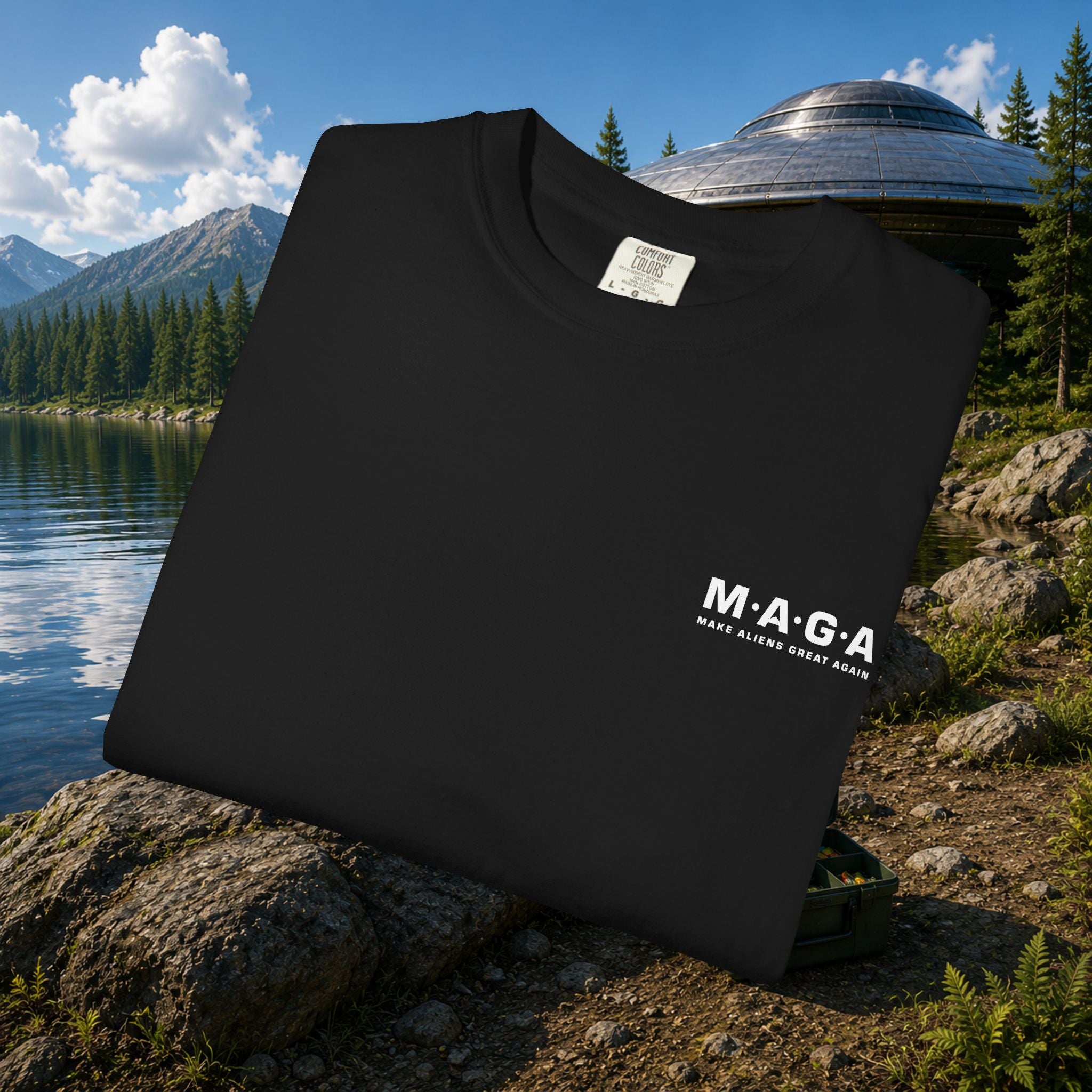 The MAGA Shirt in Black — folded flat lay showing M·A·G·A left chest design, mountain lakeshore background