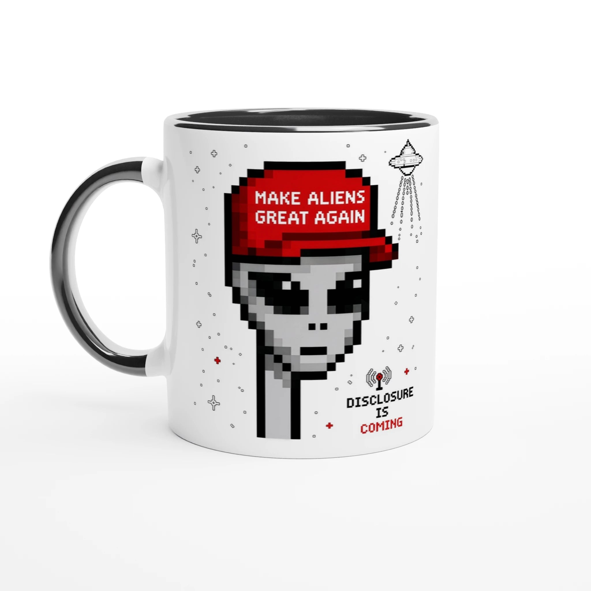 $MAGA Mug – alien and signal-tower sides, white background