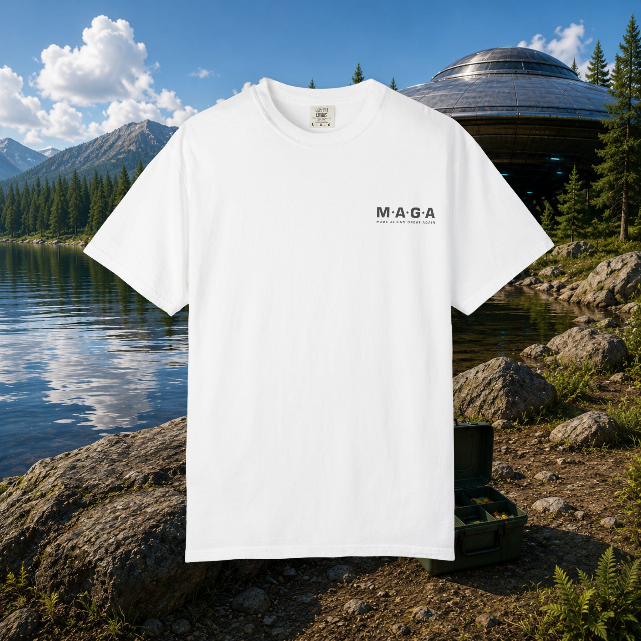 The MAGA Shirt in White — front view showing M·A·G·A left chest hit with Make Aliens Great Again text, mountain lake and flying saucer setting