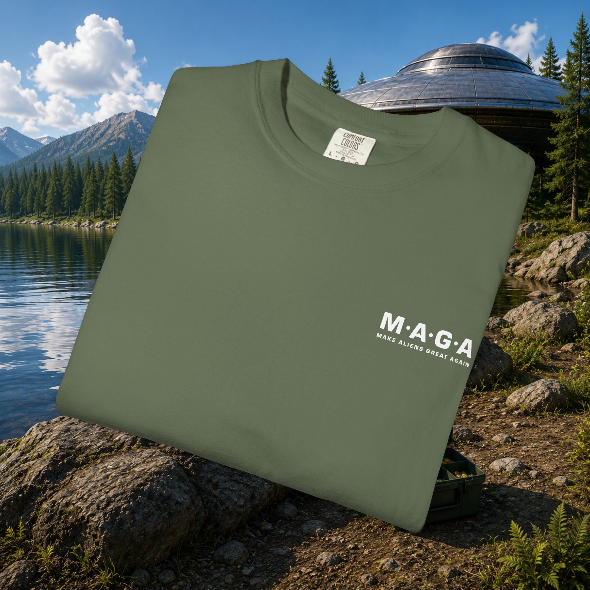 The MAGA Shirt in Sage — folded flat lay on rocky mountain lakeshore with flying saucer in background