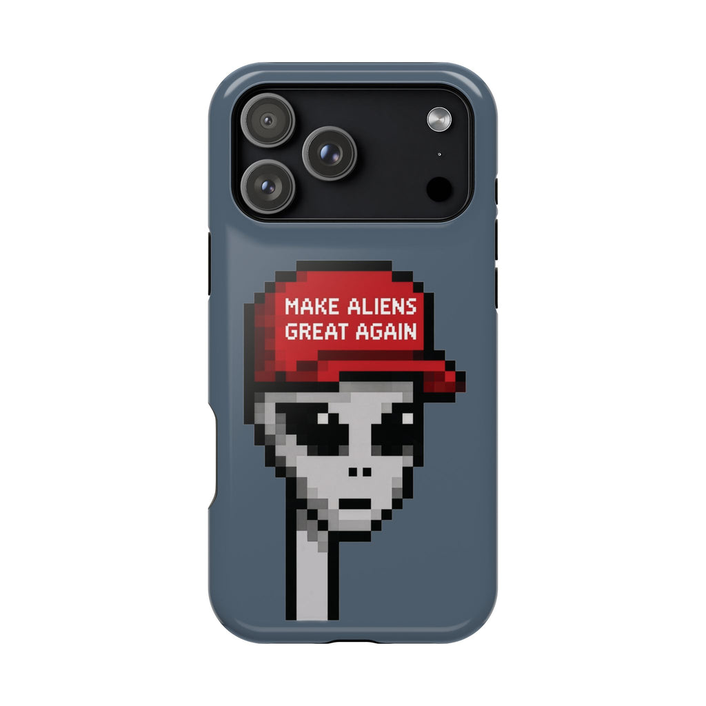 MAGA phone case – back panel with alien graphic, lifestyle shot