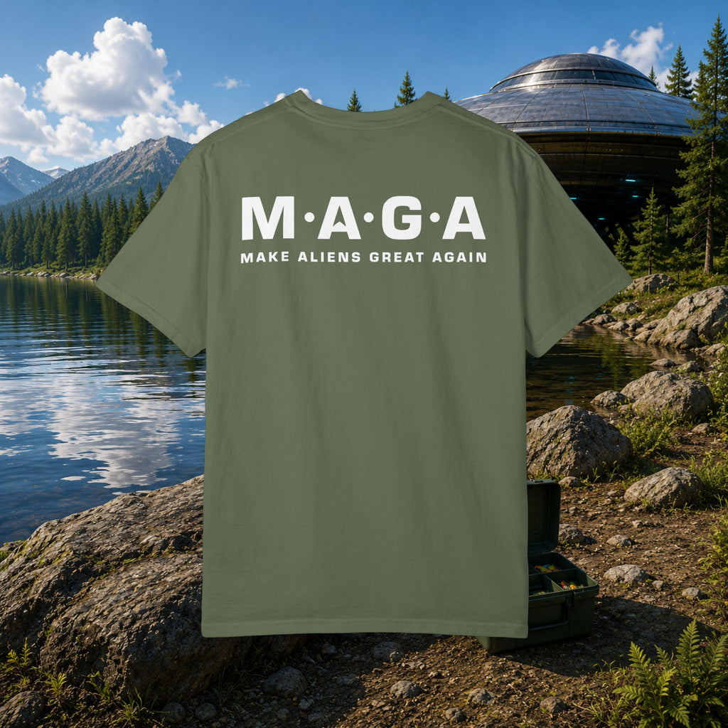The MAGA Shirt in Black — back view showing large white M·A·G·A print and MAKE ALIENS GREAT AGAIN text across the full back, UFO backdrop