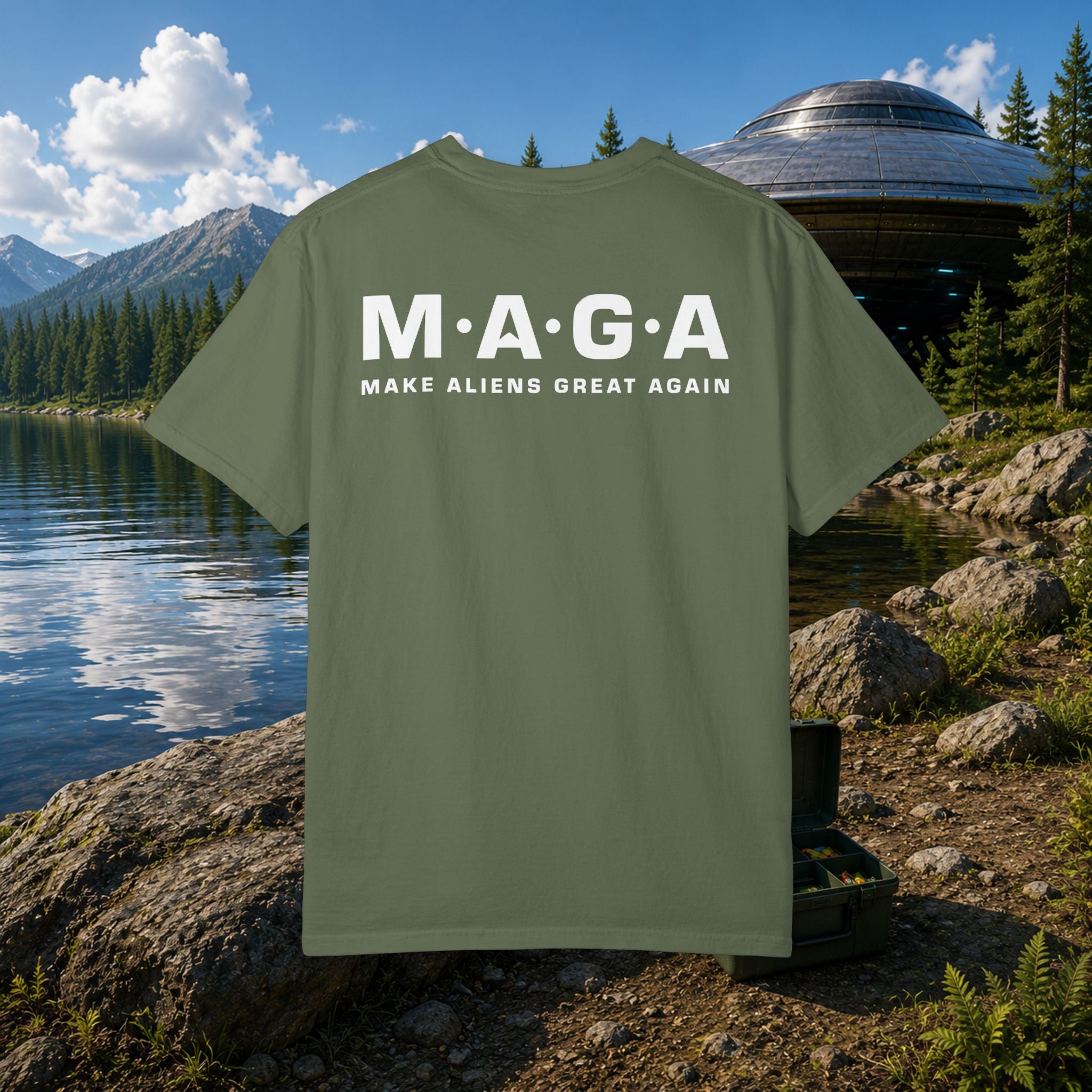 The MAGA Shirt in Black — back view showing large white M·A·G·A print and MAKE ALIENS GREAT AGAIN text across the full back, UFO backdrop