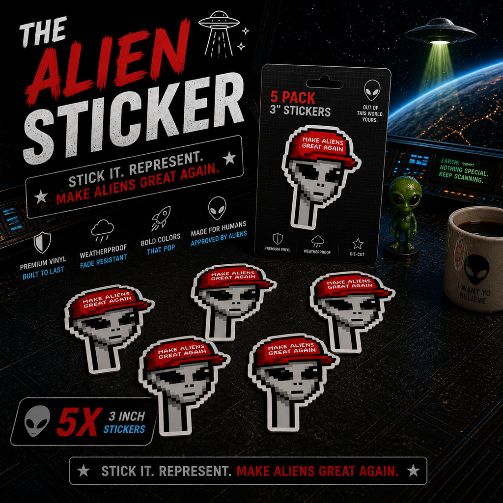 The Alien Sticker 5 Pack — five pixel-art alien kiss-cut vinyl stickers, product photo