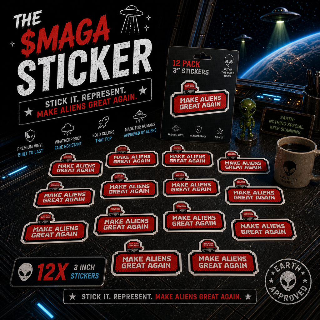 The MAGA Sticker 12 Pack — twelve pixel-art $MAGA kiss-cut vinyl stickers, product photo