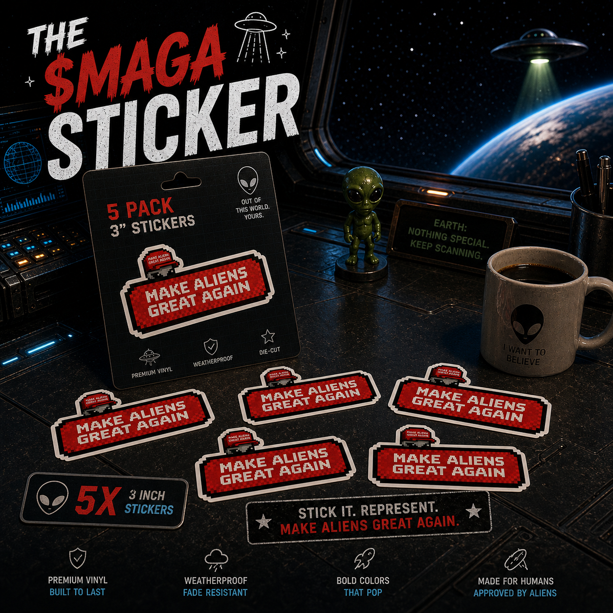 The MAGA Sticker 5 Pack — five pixel-art $MAGA kiss-cut vinyl stickers, product photo