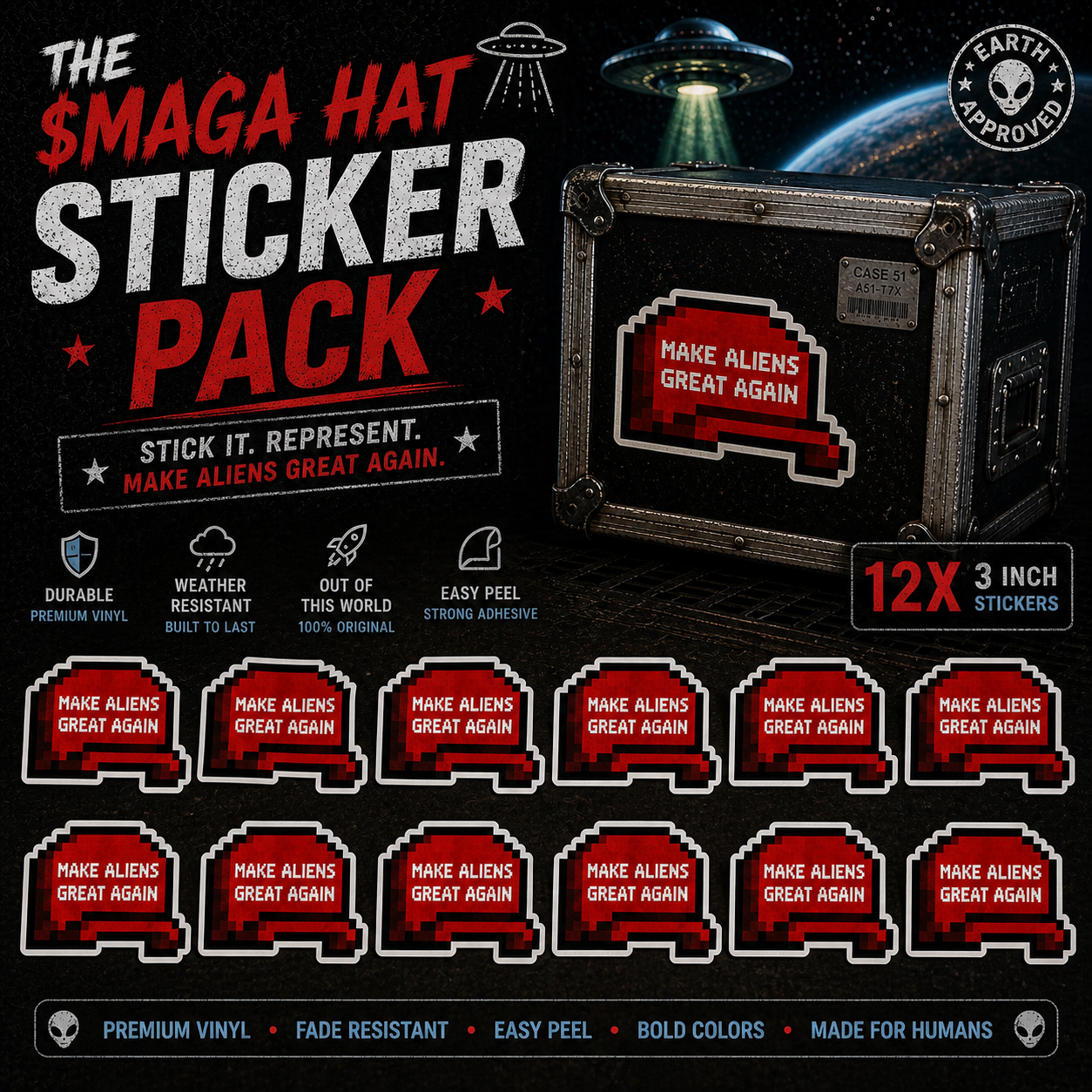 The $MAGA Hat Sticker 12 Pack — twelve pixel-art alien in MAGA cap kiss-cut vinyl stickers, product photo