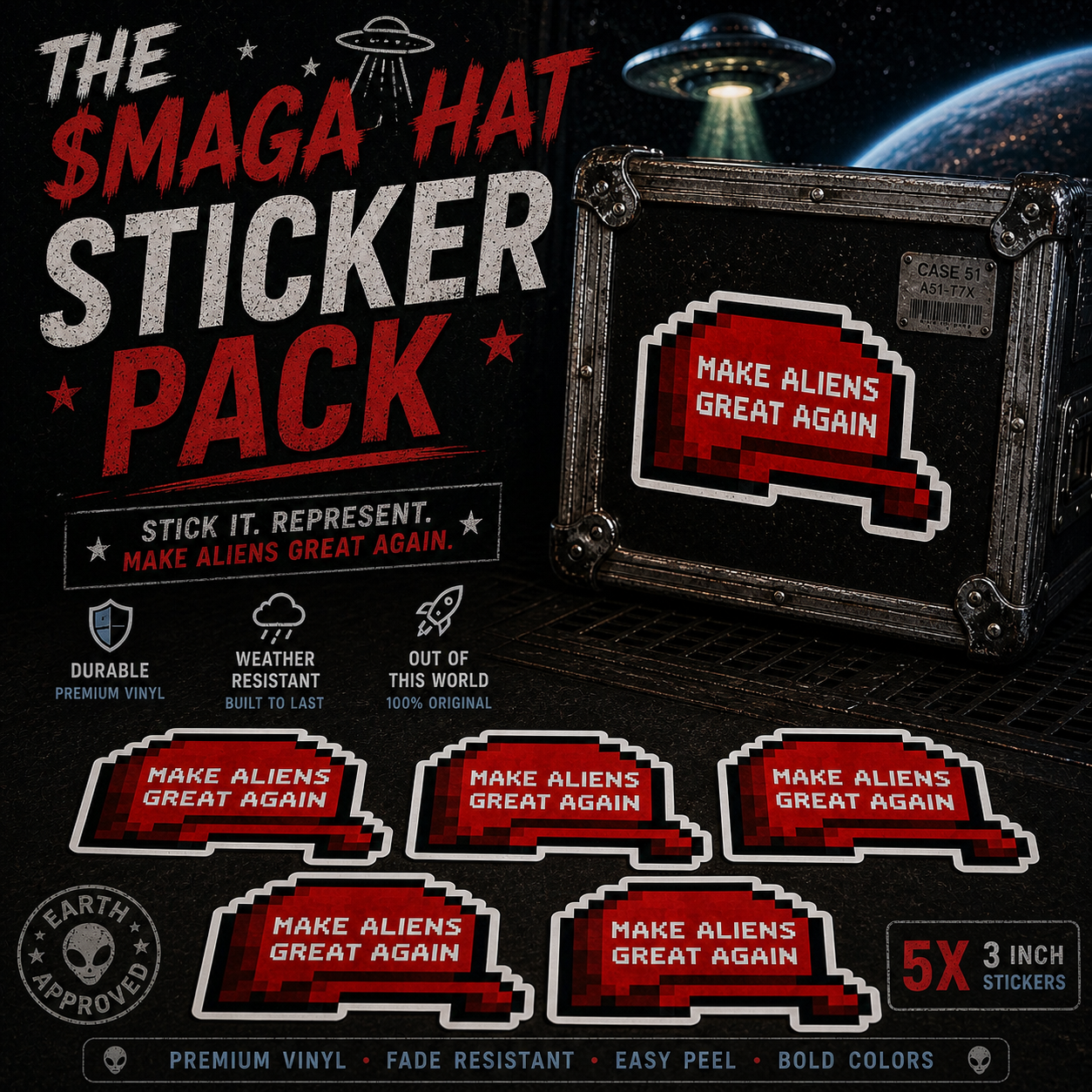 The $MAGA Hat Sticker 5 Pack — five pixel-art alien in MAGA cap kiss-cut vinyl stickers, product photo