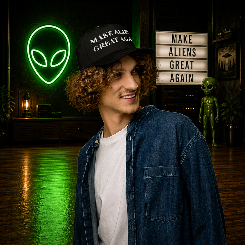 Male model wearing The Official $MAGA Hat — black snap cap with white MAKE ALIENS GREAT AGAIN embroidery, alien neon sign and MAKE ALIENS GREAT AGAIN lightbox backdrop