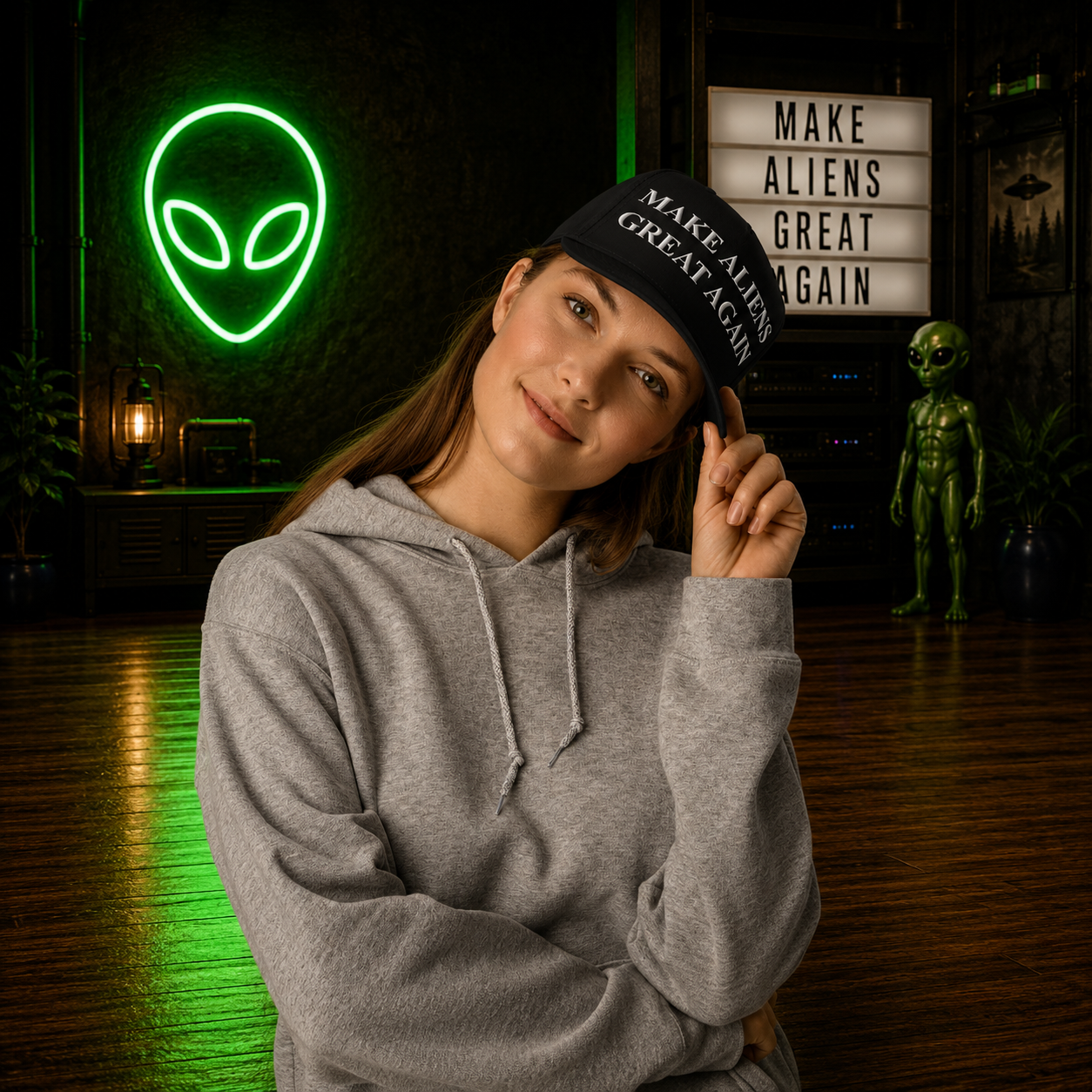Female model in grey hoodie wearing The Official $MAGA Hat — black structured snap cap with white MAKE ALIENS GREAT AGAIN text, alien studio setting