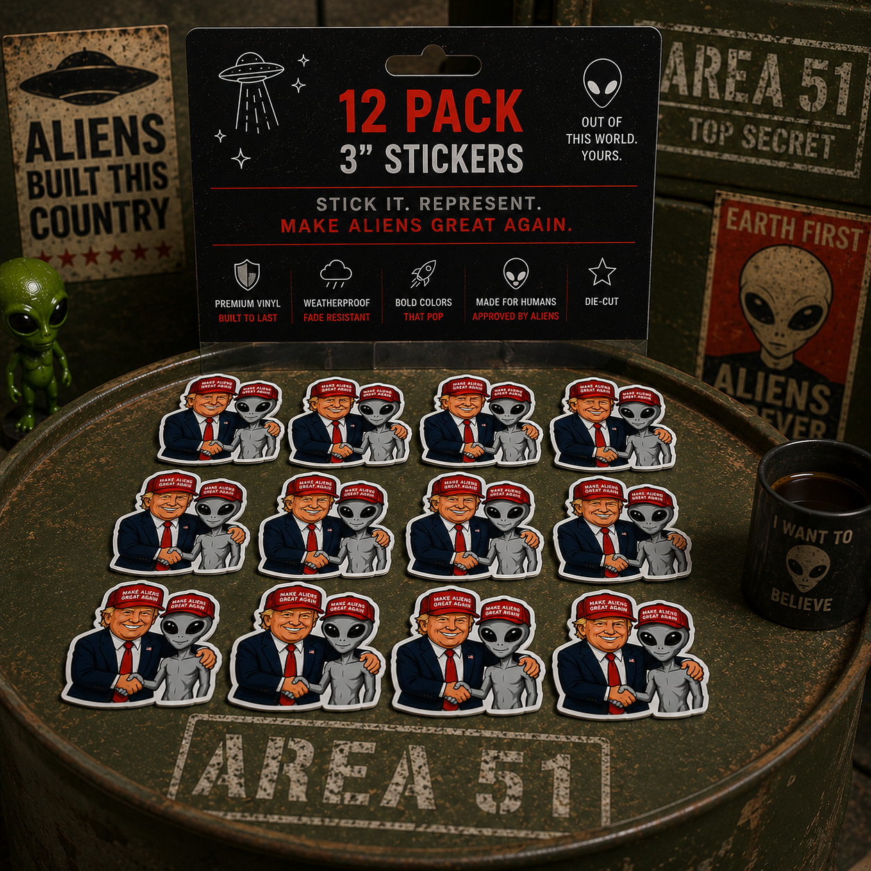 The Trump Sticker 12 Pack — twelve alien handshake kiss-cut vinyl stickers, product photo