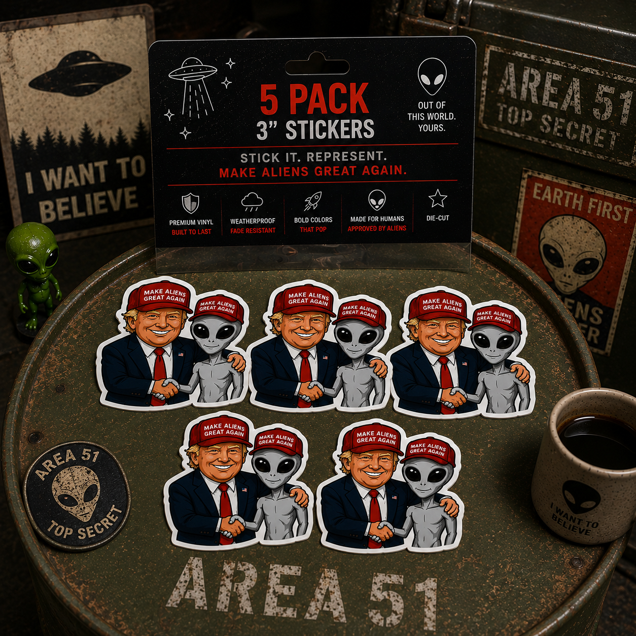 The Trump Sticker 5 Pack — five alien handshake kiss-cut vinyl stickers, product photo