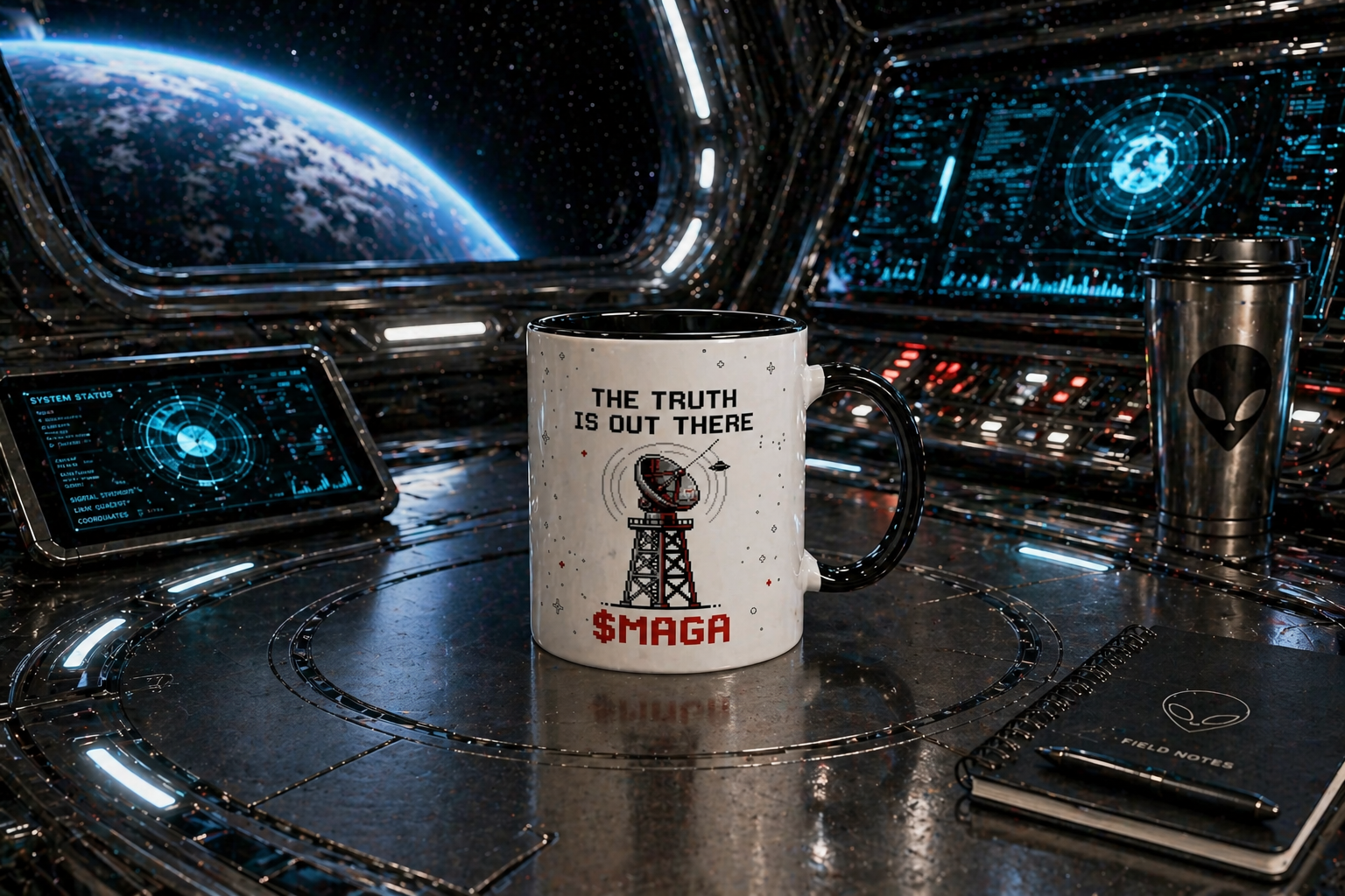 $MAGA Mug – signal-tower graphic, back view